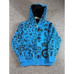 Vintage Fox Racing Zip Up Hoodie Kids Boys Large Blue Glamour Skater AOP Y2K